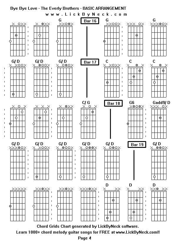 Chord Grids Chart of chord melody fingerstyle guitar song-Bye Bye Love - The Everly Brothers - BASIC ARRANGEMENT,generated by LickByNeck software.